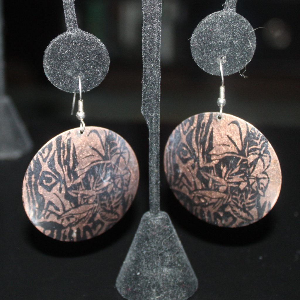 Copper Circle Dangle Earring With Drawing On Front